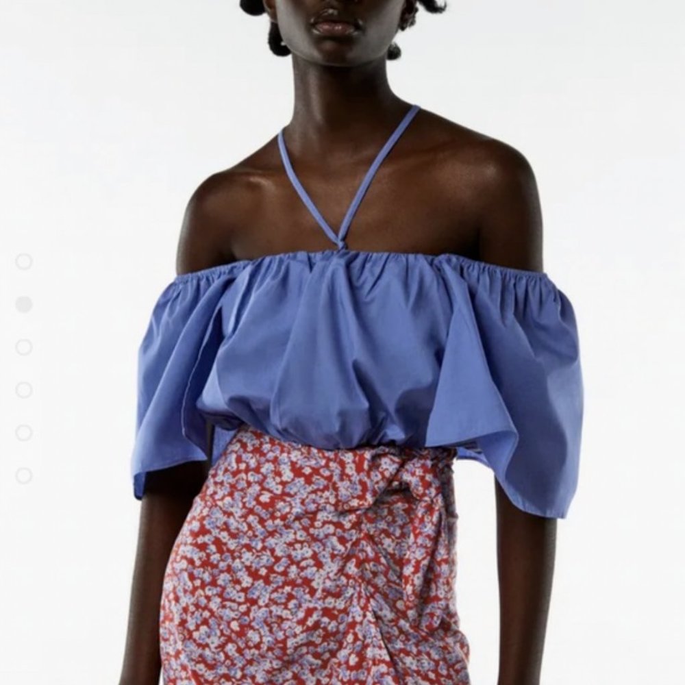 ZARA BLUE OFF THE SHOULDER PUFF SHORT SLEEVE CROP TOP